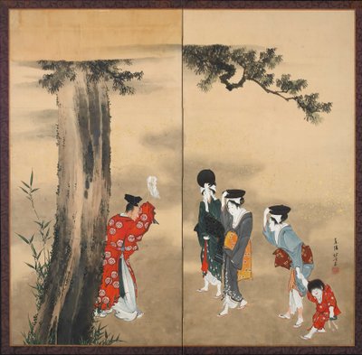 En shintopræst, tre kvinder og et barn, Edo-perioden, ca.1799 (blæk, guld og farve på papir) af Katsushika Hokusai