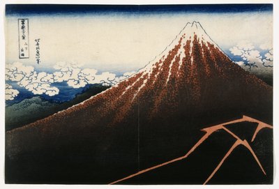 A Shower Below the Summit, fra serien, Thirty-six Views of Mount Fuji (Fugaku sanjurokkei), ca 1823 (træbloktryk) af Katsushika Hokusai