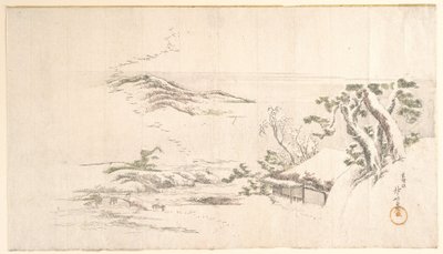 Et snedækket landskab med grå skyer af Katsushika Hokusai