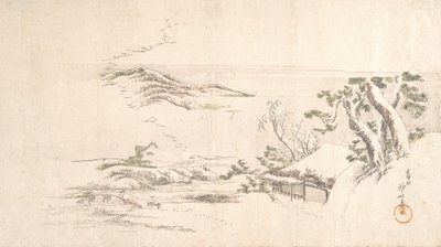 Et sneklædt landskab med grå skyer, ca. 1800. af Katsushika Hokusai