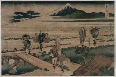 Udsigt over Mount Fuji og rejsende ved en bro, ca. 1835. af Katsushika Hokusai