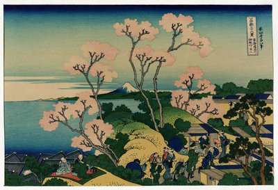 En gruppe japanere under kirsebærtræer ved blomstringen, i Shinagawa, Tokaido Road, Japan, med udsigt over Fuji-bjerget i det fjerne af Katsushika Hokusai