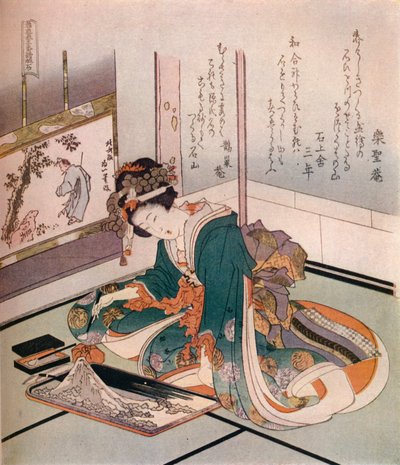 En kvinde laver en miniaturemodel af Mount Fuji, c1823. af Katsushika Hokusai