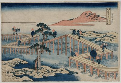 Et gammelt billede af broen med otte dele i Mikawa-provinsen (fra serien Curious Views of Famous Bridges in the Provinces) af Katsushika Hokusai