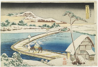 En gammel udsigt over pontonbroen ved Sano, Ko_zuke-provinsen, 1833-1834 af Katsushika Hokusai