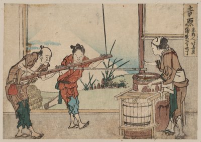En ældre mand og to unge lærlinge betjener manuelt en omrører, Yoshiwara (farvet træbloktryk) af Katsushika Hokusai