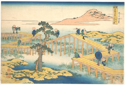 Gammelt motiv af Yatsuhashi i Mikawa-provinsen (Mikawa no Yatsuhashi no kozu), fra serien »Bemærkelsesværdige udsigter over broer i forskellige provinser« (Shokoku meikyō kiran) af Katsushika Hokusai