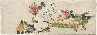 Kurv med vifte, krysantemum og svampe af Katsushika Hokusai