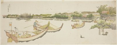Både, der transporterer ris på Sumida-floden af Katsushika Hokusai