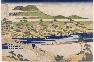 Bridge Of The Reflected Moon, Arashiyama In Yamashiro (træblok i farver) af Katsushika Hokusai