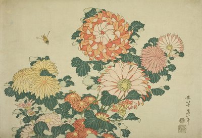 Chrysanthemums and Bee, fra en unavngiven serie af store blomster, ca. 1833-34 af Katsushika Hokusai