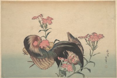 Hane, høne og Nadeshiko (Dianthus superbus) af Katsushika Hokusai