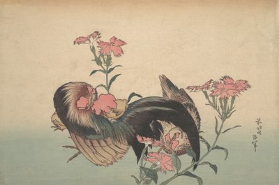 Cock, Hen og Nadeshiko Dianthus Superbus. af Katsushika Hokusai