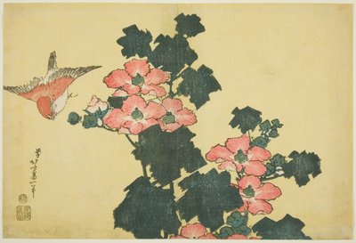 Bomuldsroser og spurv, fra en unavngiven serie af store blomster af Katsushika Hokusai