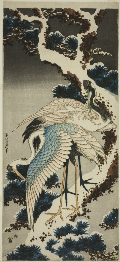 Traner på sneklædt fyrretræ af Katsushika Hokusai