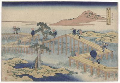 Zigzag-broen i Mikawa provinsen Mikawa no yatsuhashi no kozu (titel på objekt) Udsigt over berømte broer i provinserne (serietitel) Shokoku Meikyo Kiran (titel på objekt) af Katsushika Hokusai
