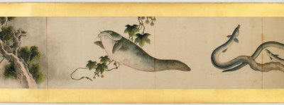 Detalje af håndrulle med forskellige billeder, Edo-perioden, 1839, blæk og farve på papir af Katsushika Hokusai