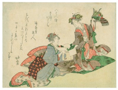Hjelm med dragehoved (to kvinder med nytårspynt) af Katsushika Hokusai