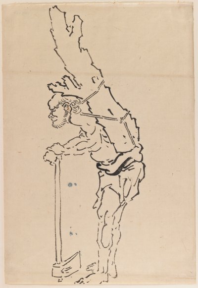 Tegning af en mand, der hviler på en økse og bærer en del af en træstamme på ryggen (blæk på papir) af Katsushika Hokusai