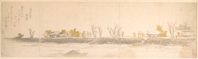 Figurer, der spadserer på en landtange; vand og både i forgrunden af Katsushika Hokusai