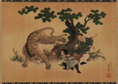 Sønlig fromhed: Yang Hsiang redder sin far fra en tiger, slutningen af det 18.-begyndelsen af det 19. århundrede. af Katsushika Hokusai
