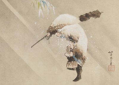 Fisker, der bærer sit net i sneen, ca. 1821 (blæk, farve og sjov på papir) af Katsushika Hokusai