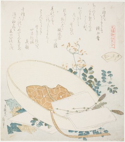 Friskplukkede blomster i en rejsehat, illustration til The Thousand-grasses Shell (Chigusagai), fra serien "A Matching Game with Genroku-period Poem Shells (Genroku kasen kai awase)" af Katsushika Hokusai