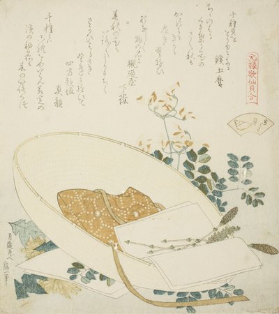 Friskplukkede blomster i en rejsendes hat, illustration til The Thousand-grasses Shell af Katsushika Hokusai