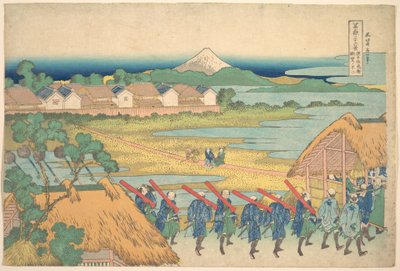 Fuji set i det fjerne fra Senju-forlystelseskvarteret (Senju kagai yori chōbō no Fuji), fra serien »De 36 udsigter over Fuji« (Fugaku sanjūrokkei) af Katsushika Hokusai