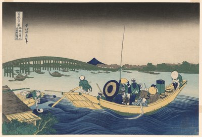 Fuji fra Ommayagashi med Twilight over Ryogoku Bridge (Ommayagashi yori ryogokubashi sekiyo o miru), fra serien "Thirty-six Views of Mount Fuji (Fugaku sanjurokkei)" af Katsushika Hokusai