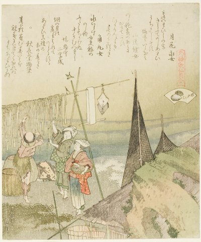 Hanging Abalone Out to Dry, illustration til Abalone (Awabi), fra serien "A Matching Game with Genroku-period Poem Shells (Genroku kasen kai awase)" af Katsushika Hokusai