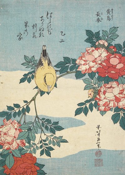 Japansk nattergal og rosenkrans, ca. 1832 af Katsushika Hokusai
