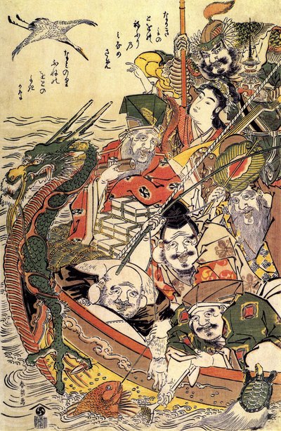 Japansk mytologi: "Syv guddomme af lykke" af Katsushika Hokusai