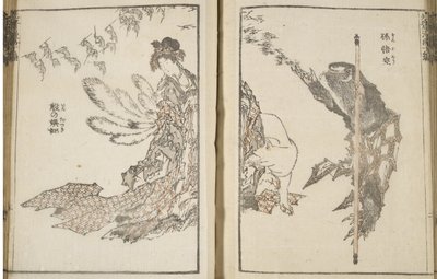 Japanilainen nainen valkoinen kettu, jolla on 9 häntä ja apina (puupalikkaprintti) af Katsushika Hokusai