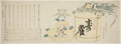 Tønde sake og kurv med appelsiner af Katsushika Hokusai
