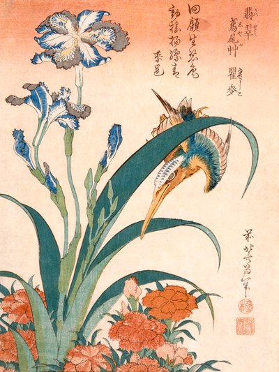 Kingfisher, Iris og Pinks (træbloktryk i farver) af Katsushika Hokusai