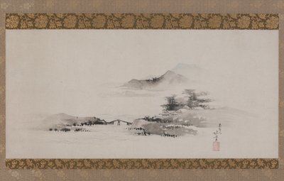 Landskab, Edo-periode, ca. 1801-02 (blæk og farve på papir monteret som hængende rulle) af Katsushika Hokusai