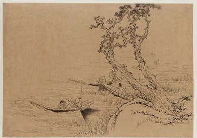 Landskab: figurer, der fisker fra både, slutningen af det 18.-begyndelsen af det 19. århundrede. af Katsushika Hokusai