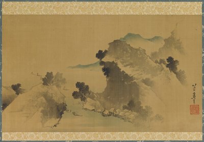 Landskab: bjerge, vandløb og både, slutningen af det 18.-begyndelsen af det 19. århundrede. af Katsushika Hokusai