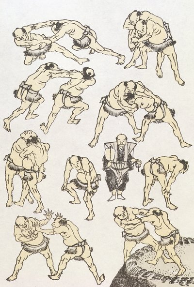 Manga: studier af wrestlers gestik og kropsholdning, pub. 1849, (farvetryk i træsnit) af Katsushika Hokusai