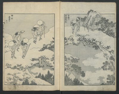 Mount Fuji under en bro til venstre, Mount Fuji bag et net til højre, fra One Hundred Vi..., ca. 1847. af Katsushika Hokusai
