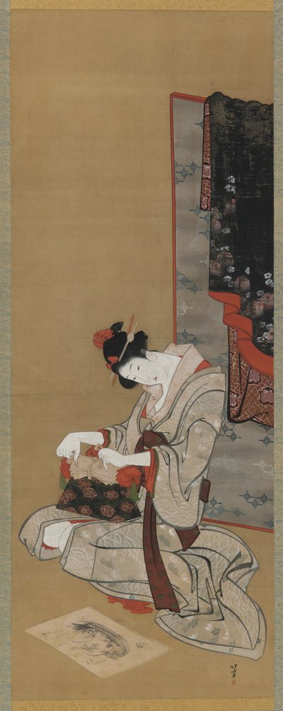 Nytårsbrug: Makeup på nytårsmorgen, Edo-periode, ca. 1806-11 (blæk og farve på silke) af Katsushika Hokusai