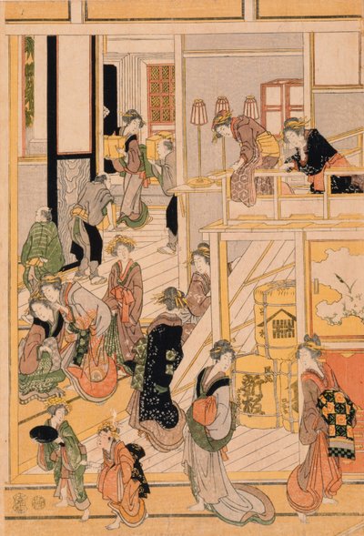 Nytårsdag på tehuset Ogi-ya. ca. 1810 (træblok i farver) (for sæt se 277796-277798) af Katsushika Hokusai