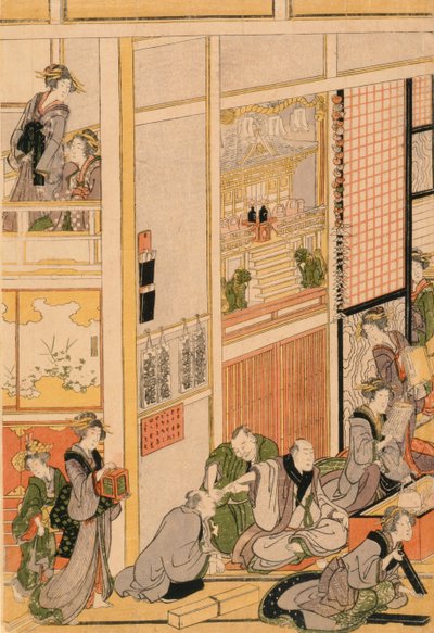 Nytårsdag på tehuset Ogi-ya. ca. 1810 (træblok i farver) (for sæt se 277765 & 277797-277798) af Katsushika Hokusai