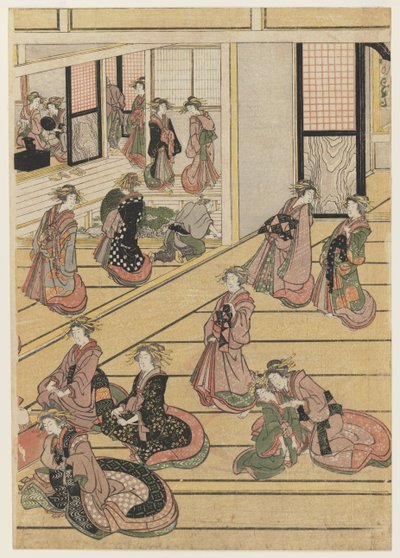 Nytårsdage på tehuset Ogi-ya. ca. 1810 (træblok i farver) (for sæt se 277795-277797) af Katsushika Hokusai