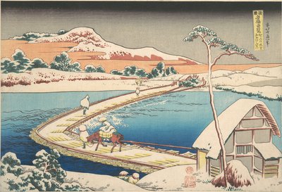 Gammelt billede af bådbroen ved Sano i Kōzuke-provinsen (Kōzuke Sano funabashi no kozu), fra serien »Bemærkelsesværdige udsigter over broer i forskellige provinser« (Shokoku meikyō kiran) af Katsushika Hokusai