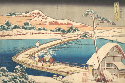 Gammel udsigt over bådbroen ved Sano i Kozuke-provinsen Kozuke Sano funabashi no kozu,..., 1827-30. af Katsushika Hokusai