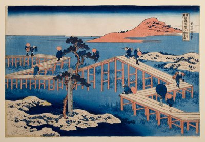 Gammelt billede af den otte-delte bro ved Yatsuhashi i Mikawa-provinsen, fra serien »Bemærkelsesværdige udsigter over broer i forskellige provinser« af Katsushika Hokusai