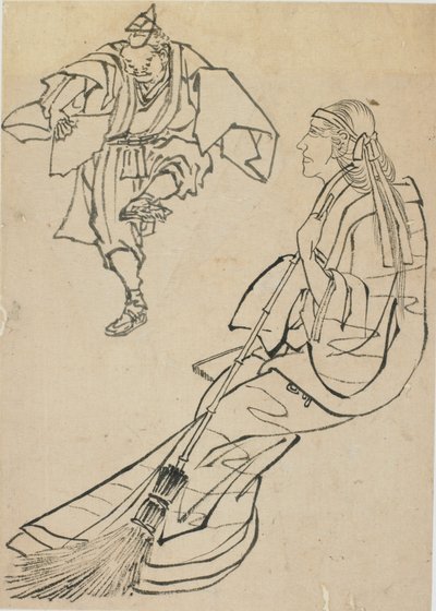 Gammel kvinde siddende på bænken, foran hvem en mand med fan danser, slutningen af det 18.-begyndelsen af det 19. århundrede. af Katsushika Hokusai