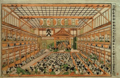 Originalt perspektivbillede af Great Kabuki Theatre i Edo af Katsushika Hokusai